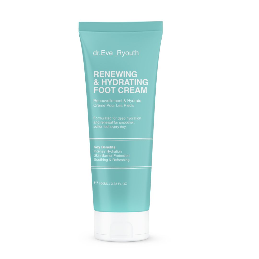 Türkisfarbene Tube Fußcreme. Beschriftung: Renewing & Hydrating Foot Cream. Marke: dr.Eve_Ryouth. Weiße Kappe.