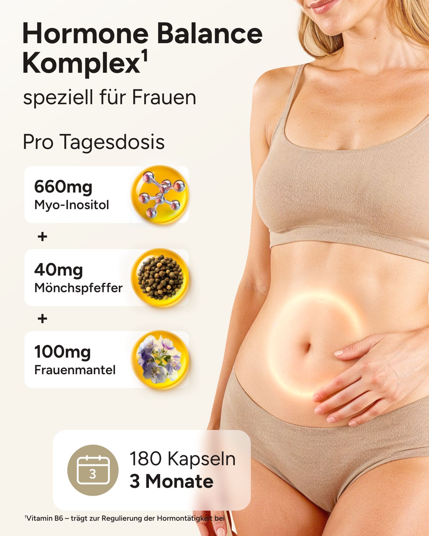Grafik mit Inhaltsstoffen: Myo-Inositol, Mönchspfeffer, Frauenmantel. 180 Kapseln, 3 Monate. Frau mit hervorgehobenem Bauch.