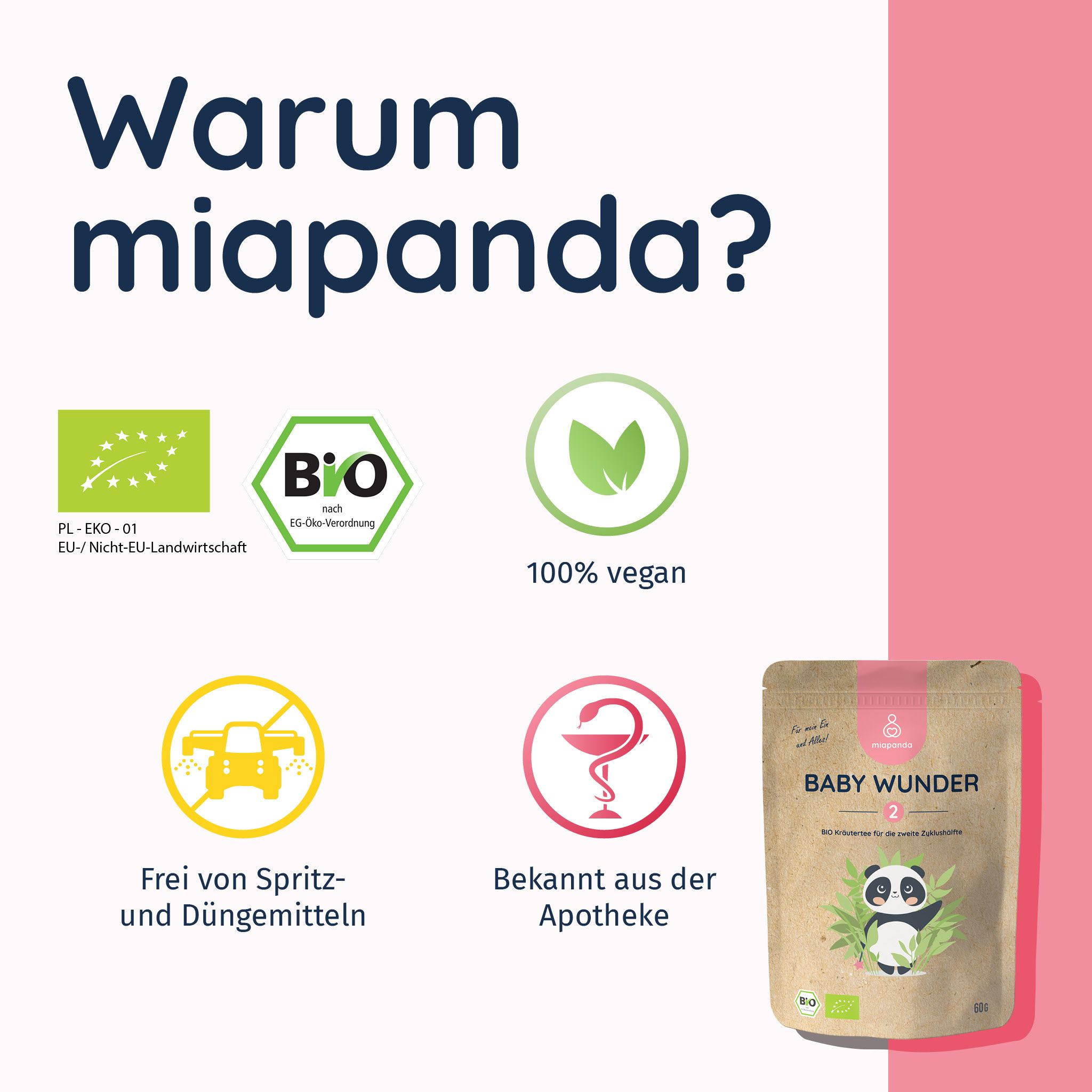 Infografik: miapanda, BIO-Siegel, vegan, frei von Spritz- und Düngemitteln, bekannt aus der Apotheke. Produkt: Baby Wunder 2.