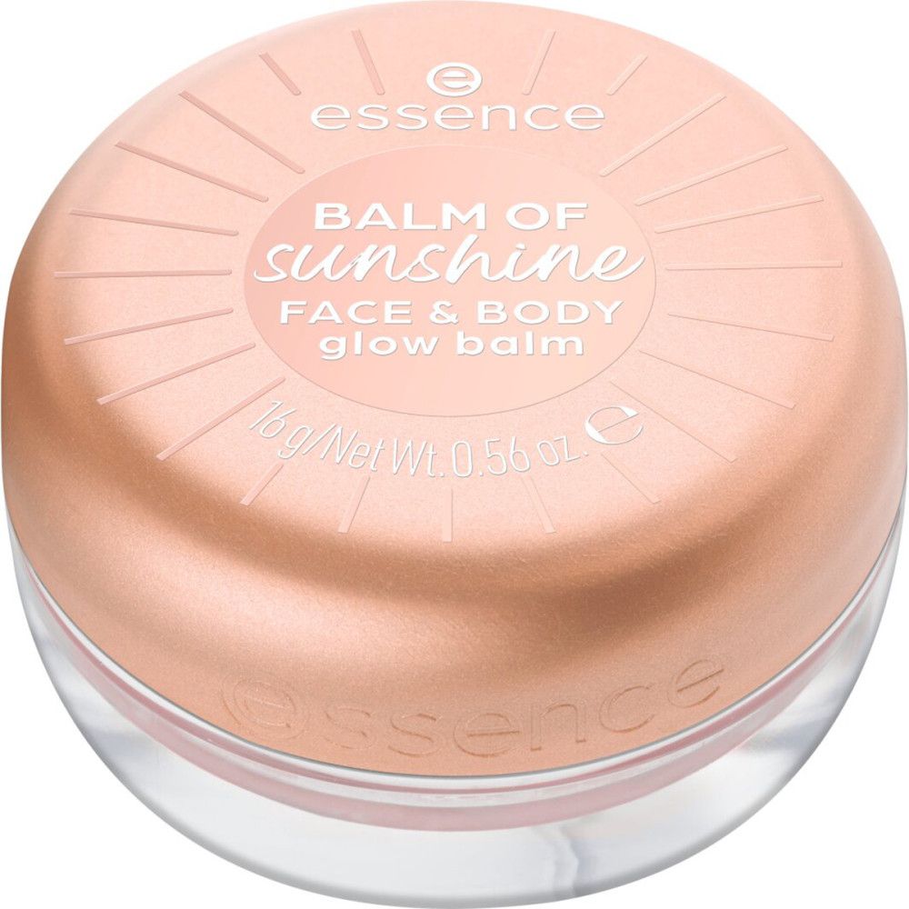 Runder, rosafarbener Tiegel mit Deckel. Aufschrift: Balm of Sunshine, Face & Body Glow Balm. Marke: essence.