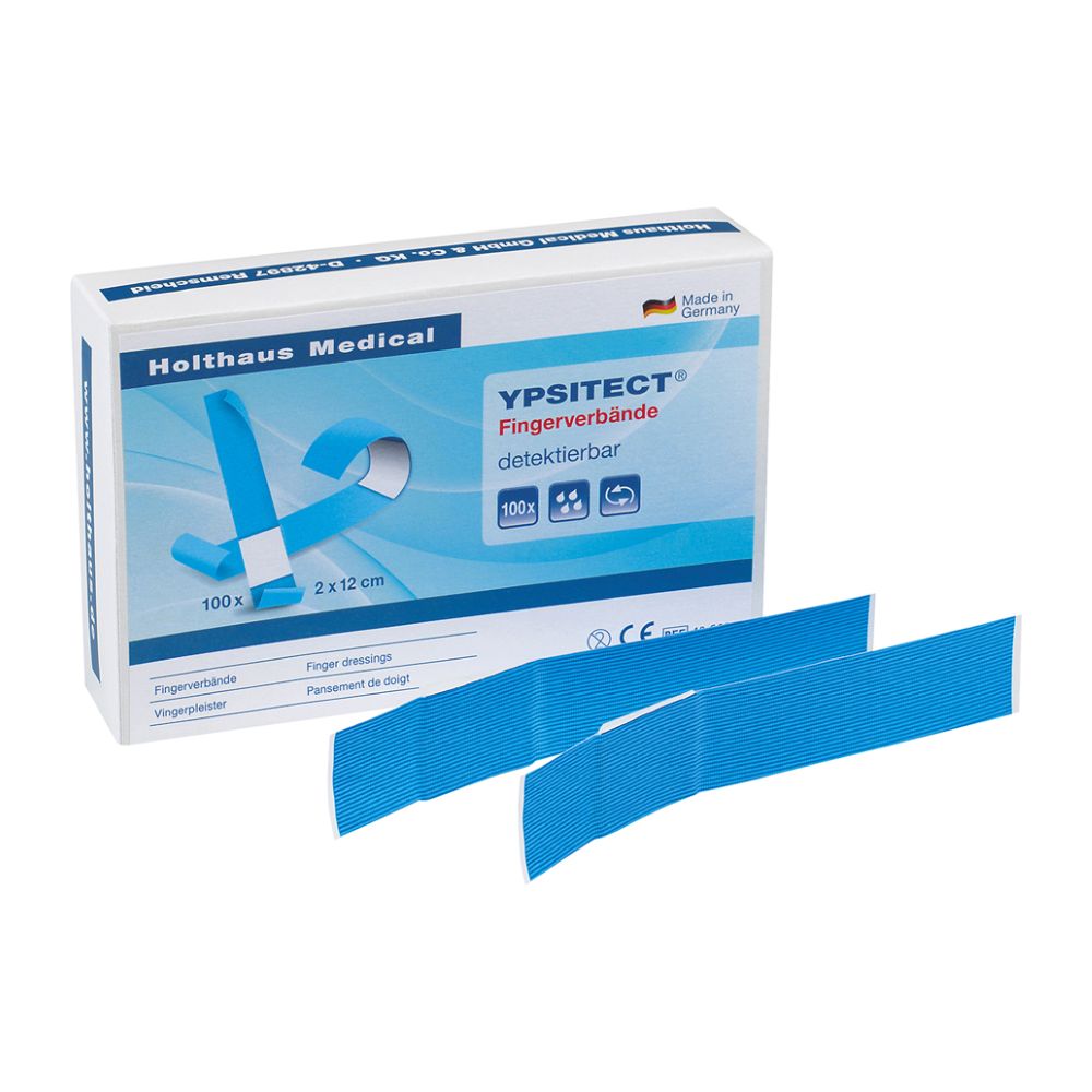 Blaues Fingerverband-Set. Karton mit Aufschrift "Holthaus Medical" und "YPSITECT Fingerverbände". Zwei Verbände liegen daneben.