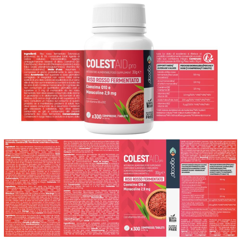 Bottiglia di ColestAid pro con foglietto illustrativo aperto. Contiene informazioni sugli ingredienti e i valori nutrizionali.