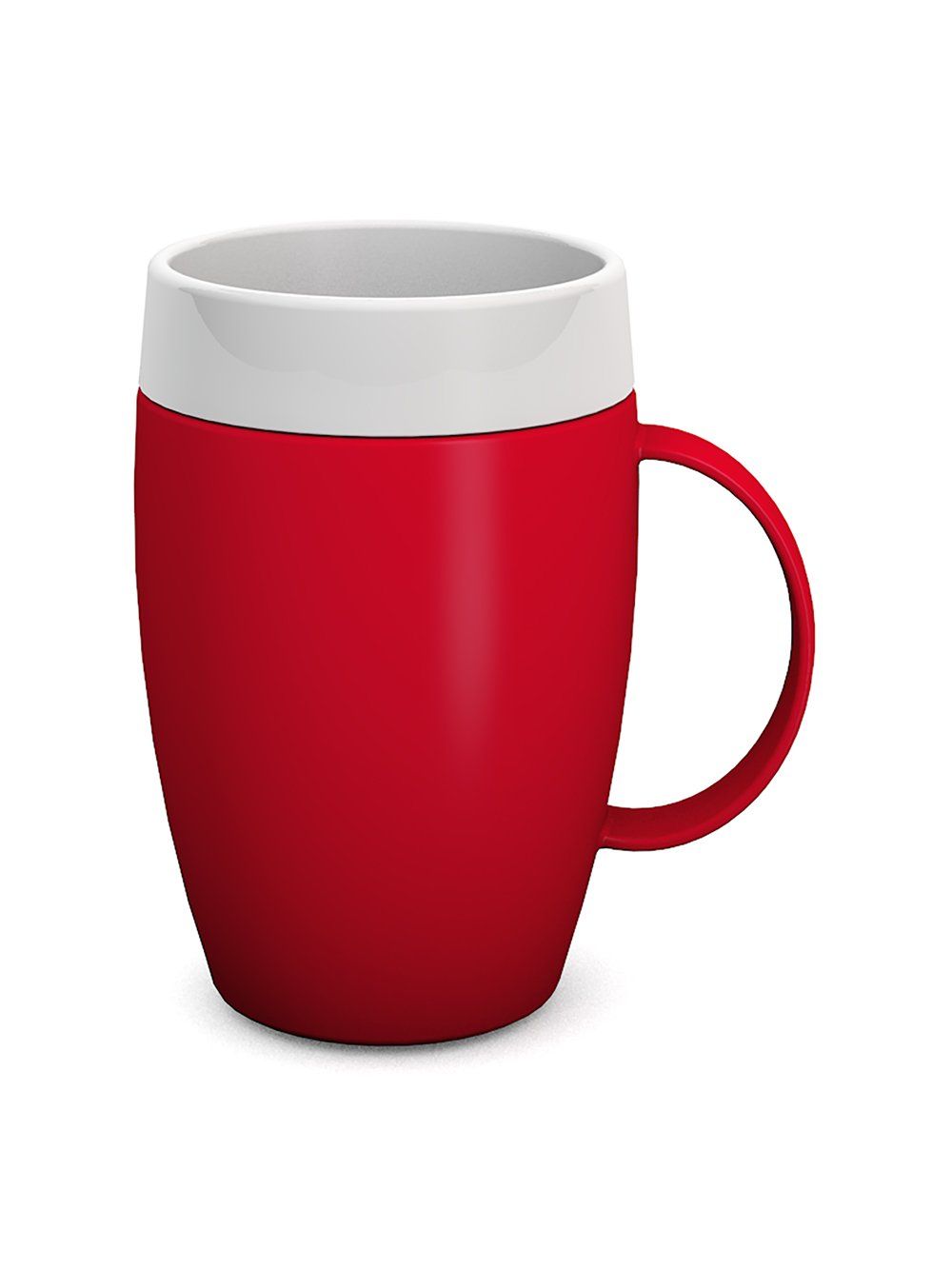 Roter Becher mit weißem Rand und Henkel. Der Becher hat eine bauchige Form.