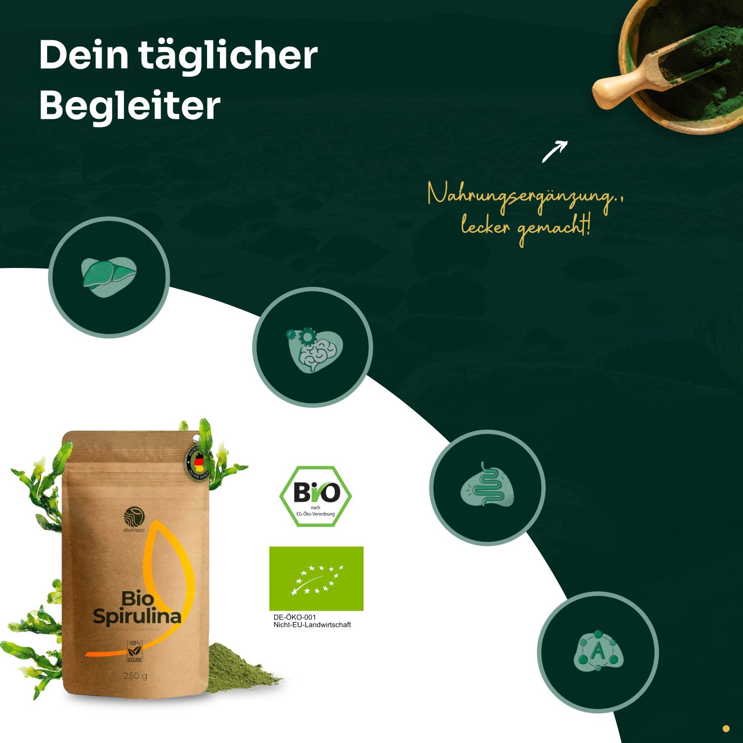 Braune Tüte "Bio Spirulina" mit deutschem Siegel, Bio- und Vegan-Siegeln. Grünlicher Hintergrund.