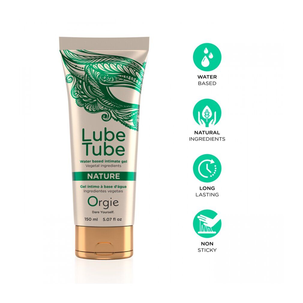 Creme-Tube mit grünem Design und Schriftzug. Aufschrift: Lube Tube, Nature, Orgies. Goldfarbener Verschluss. Zusätzliche Icons.