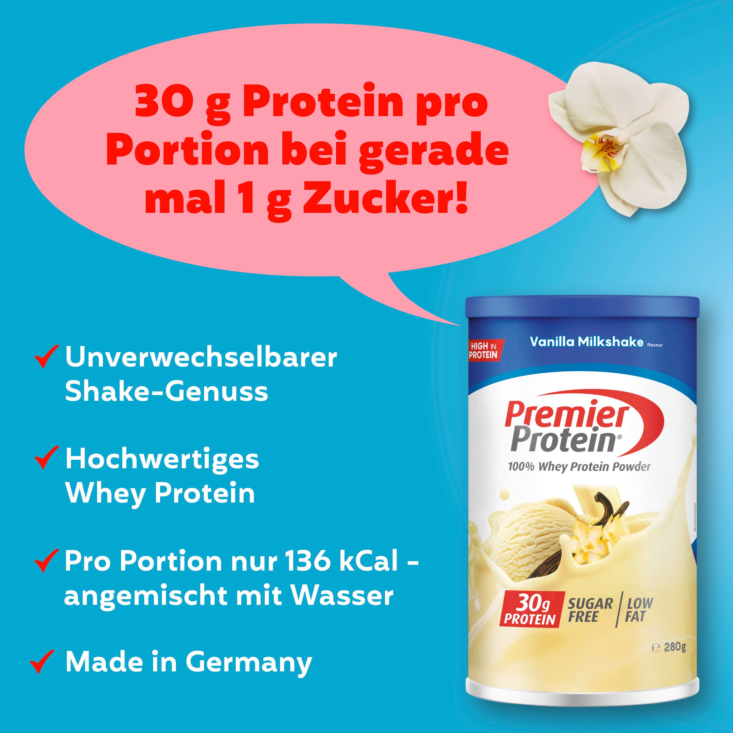PREMIER PROTEIN Whey 100% Protein Powder Vanilla Milkshake ohne Zucker 6 x 280 g