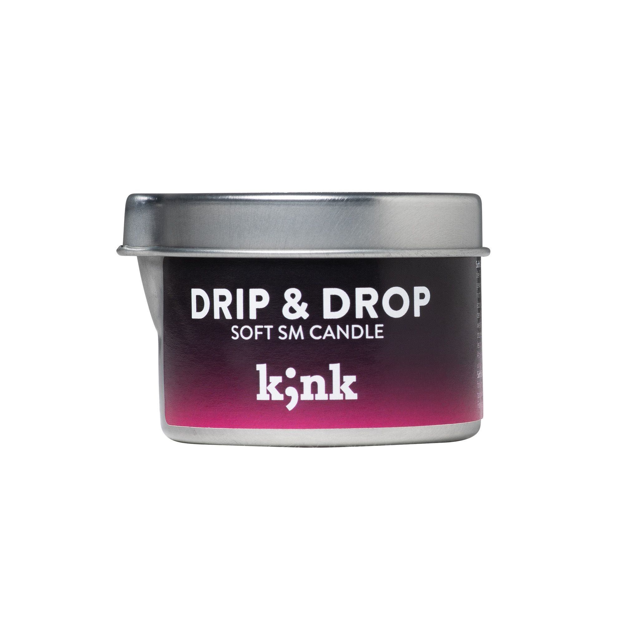 Zylindrischer Behälter mit pinkfarbenem Wachs. Aufschrift: "Drip & Drop Soft SM Candle" und "k;nk".