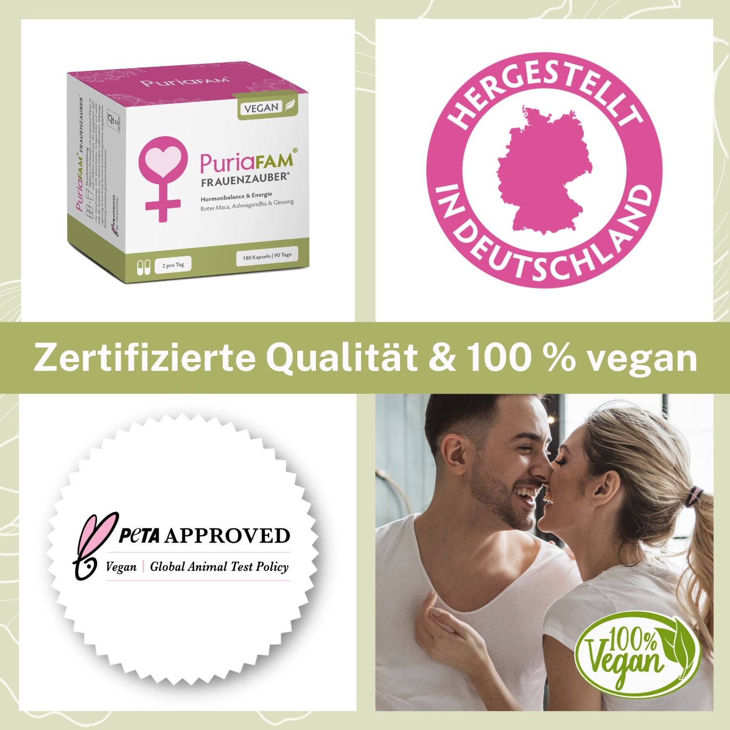 Collage mit Produkt, Siegeln und Text. Produktverpackung, Hergestellt in Deutschland, PETA-Siegel, 100% Vegan.