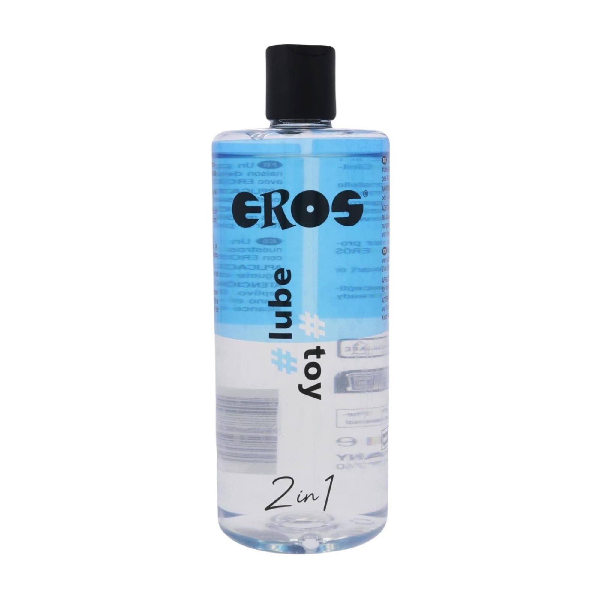 Transparente Flasche mit schwarzem Deckel. Aufschrift: EROS, #lube, #toy, 2in1. Blaue Flüssigkeit im oberen Bereich.