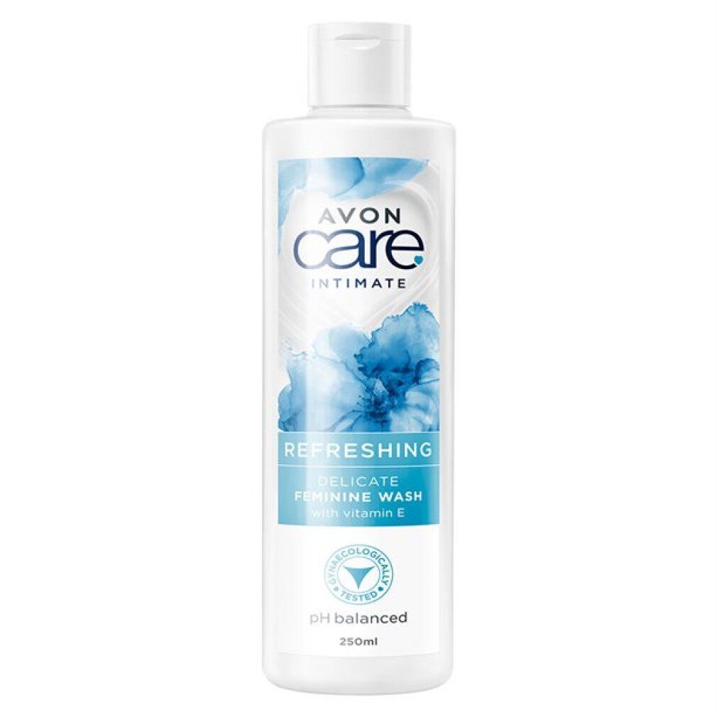 Weiße Flasche mit Klappverschluss. Aufschrift: Avon Care Intimate, Refreshing, Delicate Feminine Wash. Dermatologisch getestet.