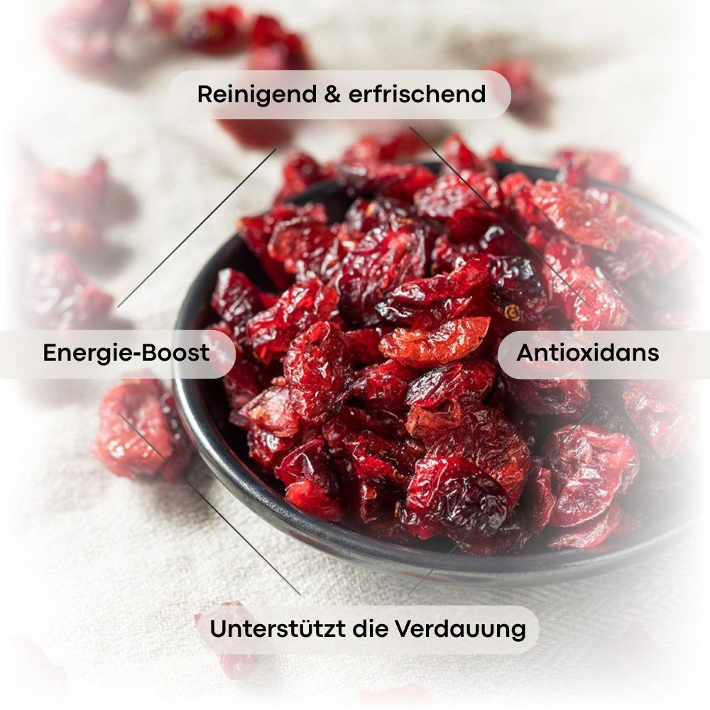 Getrocknete Cranberries in einer schwarzen Schale, mit Text-Overlays zu gesundheitlichen Vorteilen.