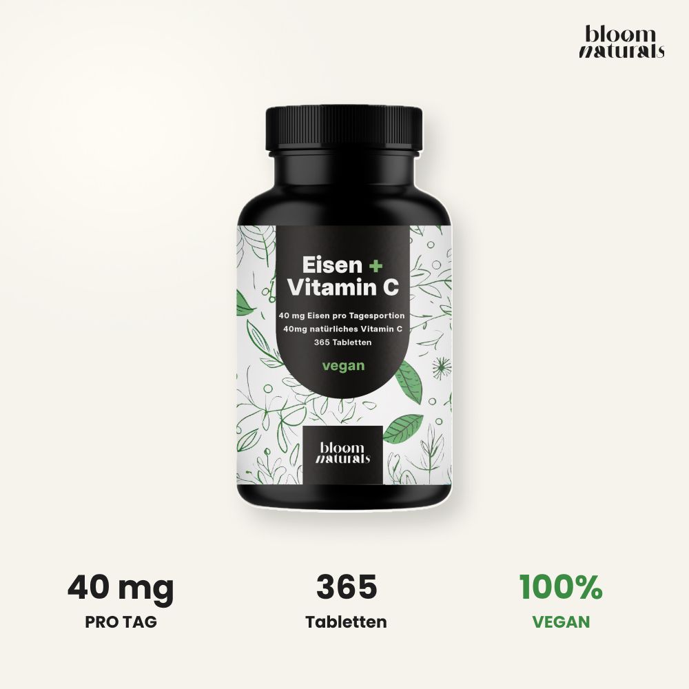 Eisen + Vitamin C: 40 mg pro Tag, 365 Tabletten, 100% Vegan.