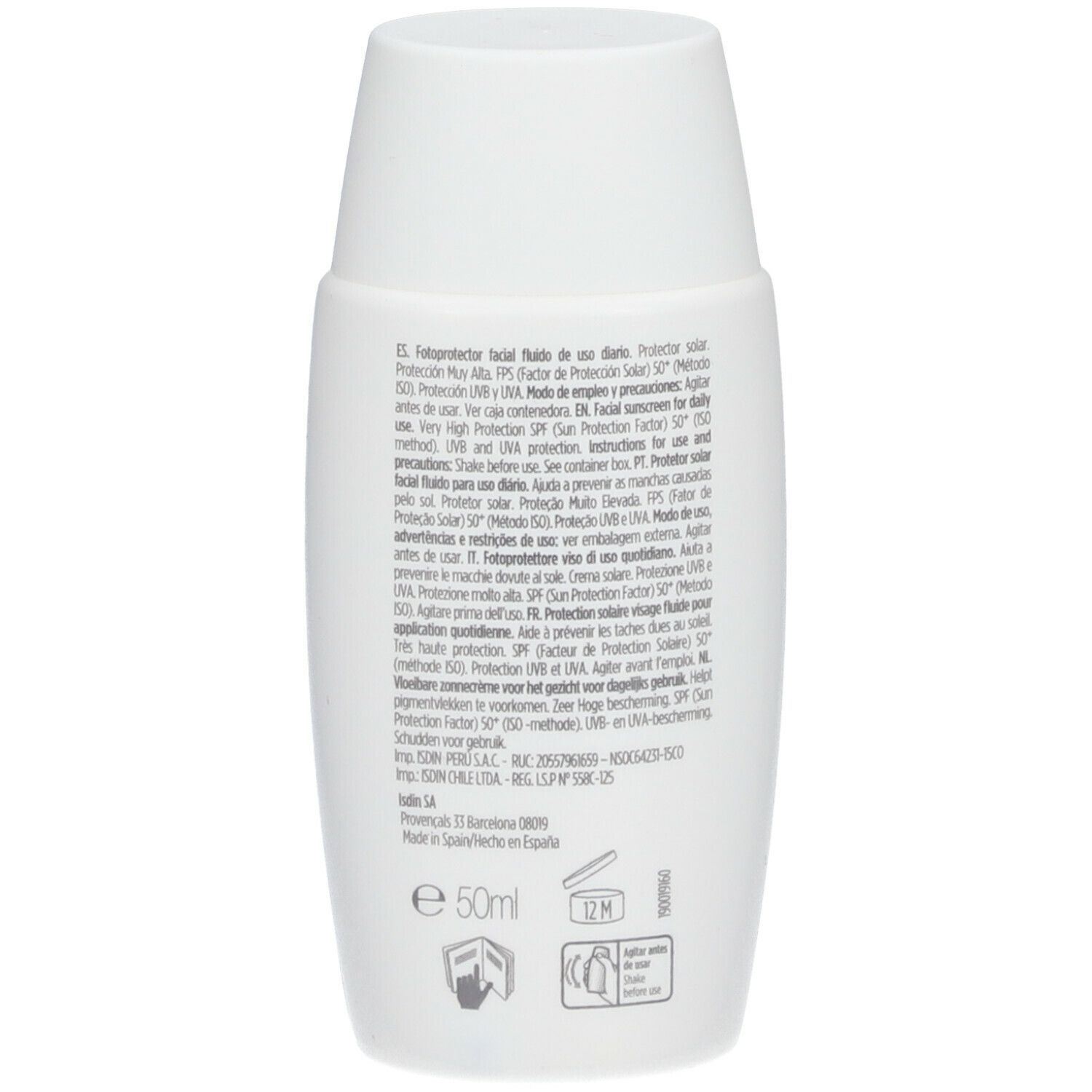 Rückseite einer weißen Flasche. Text in mehreren Sprachen. Volumen: 50ml. Mit Symbolen für Haltbarkeit und Recycling.