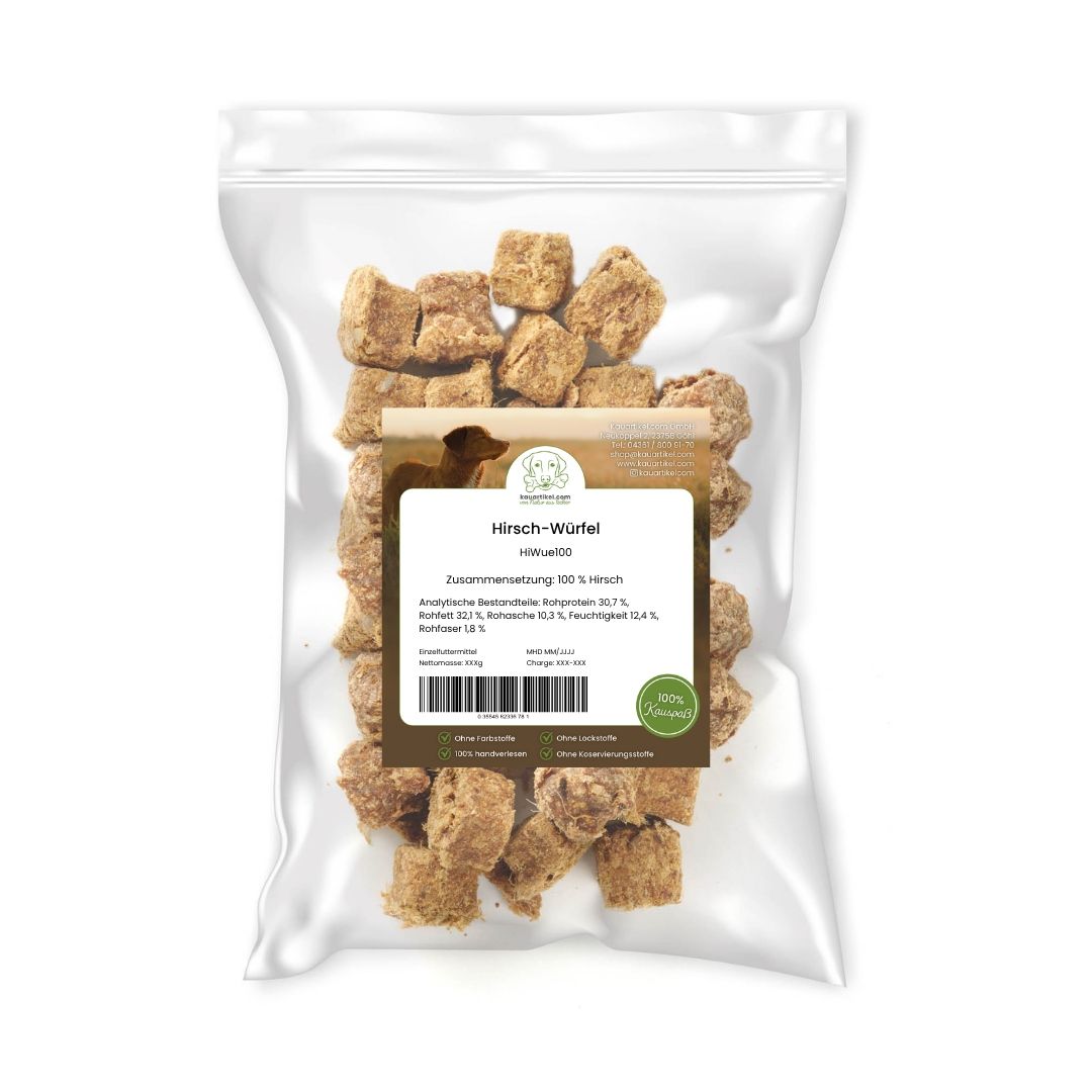 Tüte mit Hirsch-Würfeln, 100% Hirsch, glutenfrei, ohne Konservierungsstoffe.