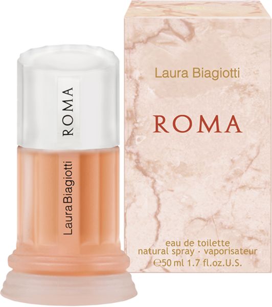 Parfümflakon und Schachtel. Flakon mit weißem Deckel, Schriftzug ROMA. Schachtel mit marmoriertem Muster.