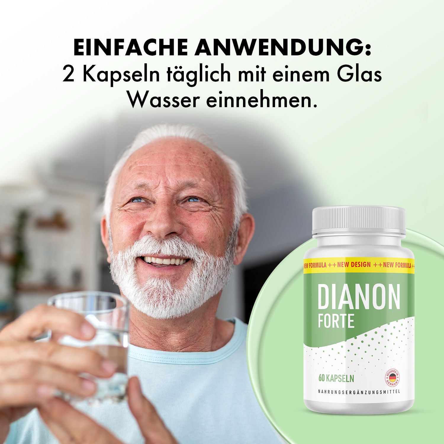 Mann hält Glas Wasser, daneben Dose DIANON FORTE. Aufschrift: 60 Kapseln. Text: Nahrungsergänzungsmittel. Mit Text: Einfache Anwendung.