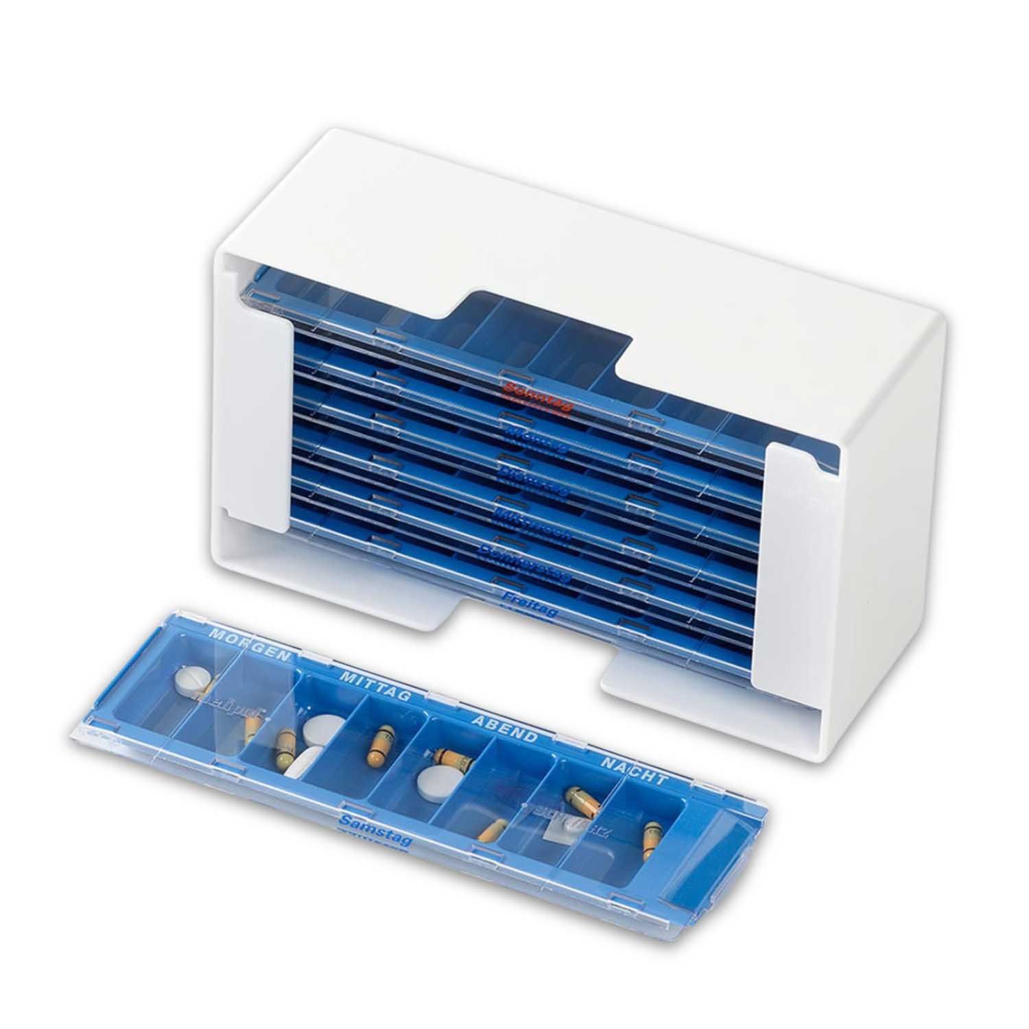 melipul Medikamenten-Dosierer XL-8 Wochenbox mit 7 Dispensern je 8 Fächer blau