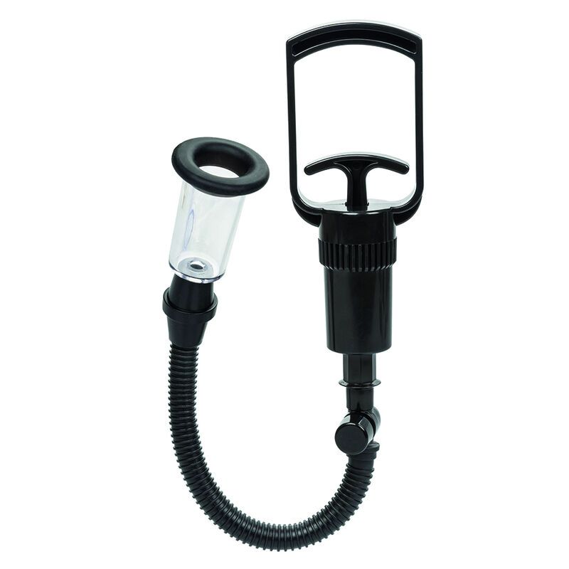 Schwarze Pumpe mit Schlauch und Zylinder. Transparenter Zylinder mit schwarzem Rand. Schwarzer Griff.