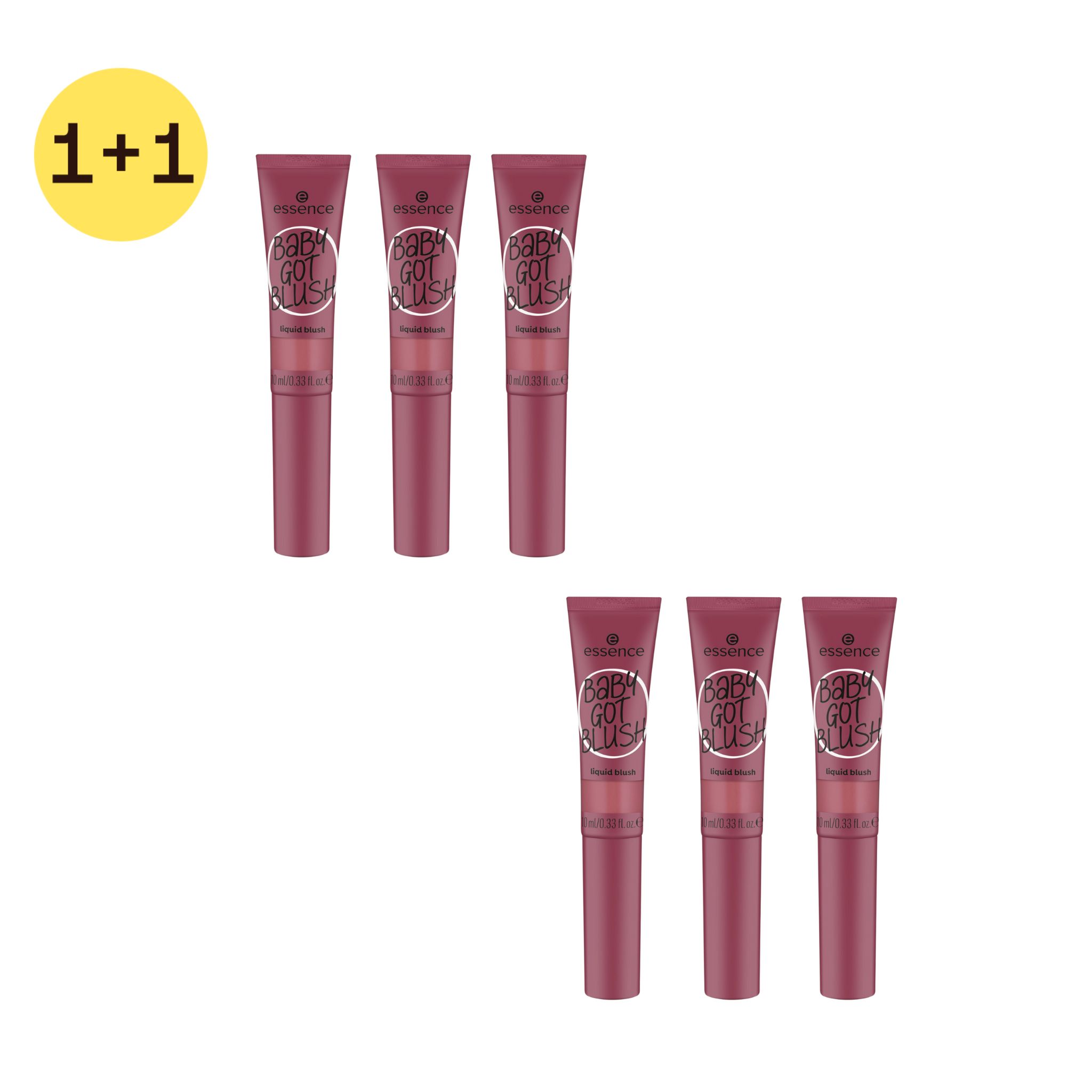 Sechs Tubes mit Aufschrift BABY GOT BLUSH. Oben links: gelbes 1+1 Symbol.