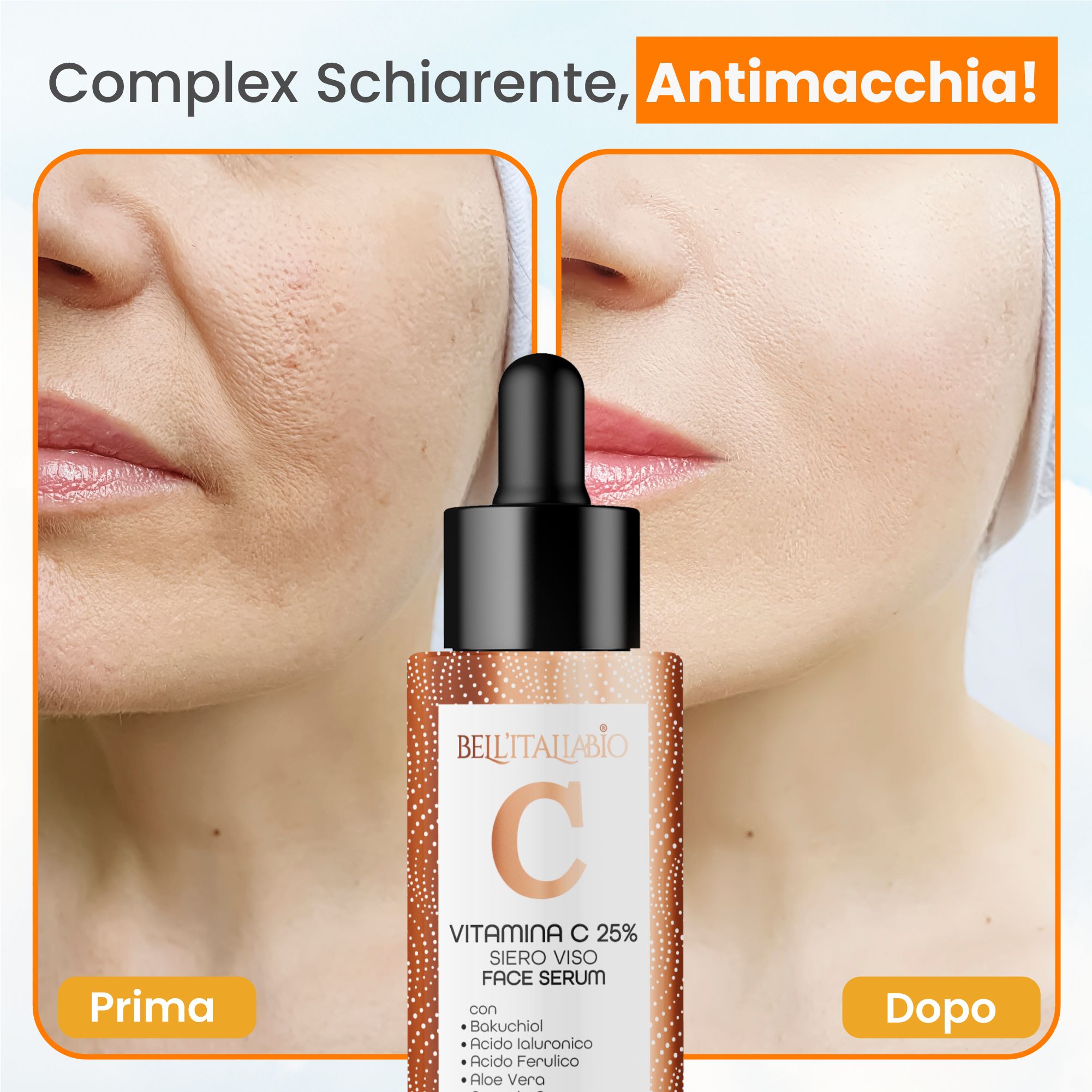 Vorher-Nachher-Vergleich. Serumflasche. Text: Vitamin C 25% Serum, Inhaltsstoffe, Vorher-Nachher-Effekt. Logo: BellItaliabio.