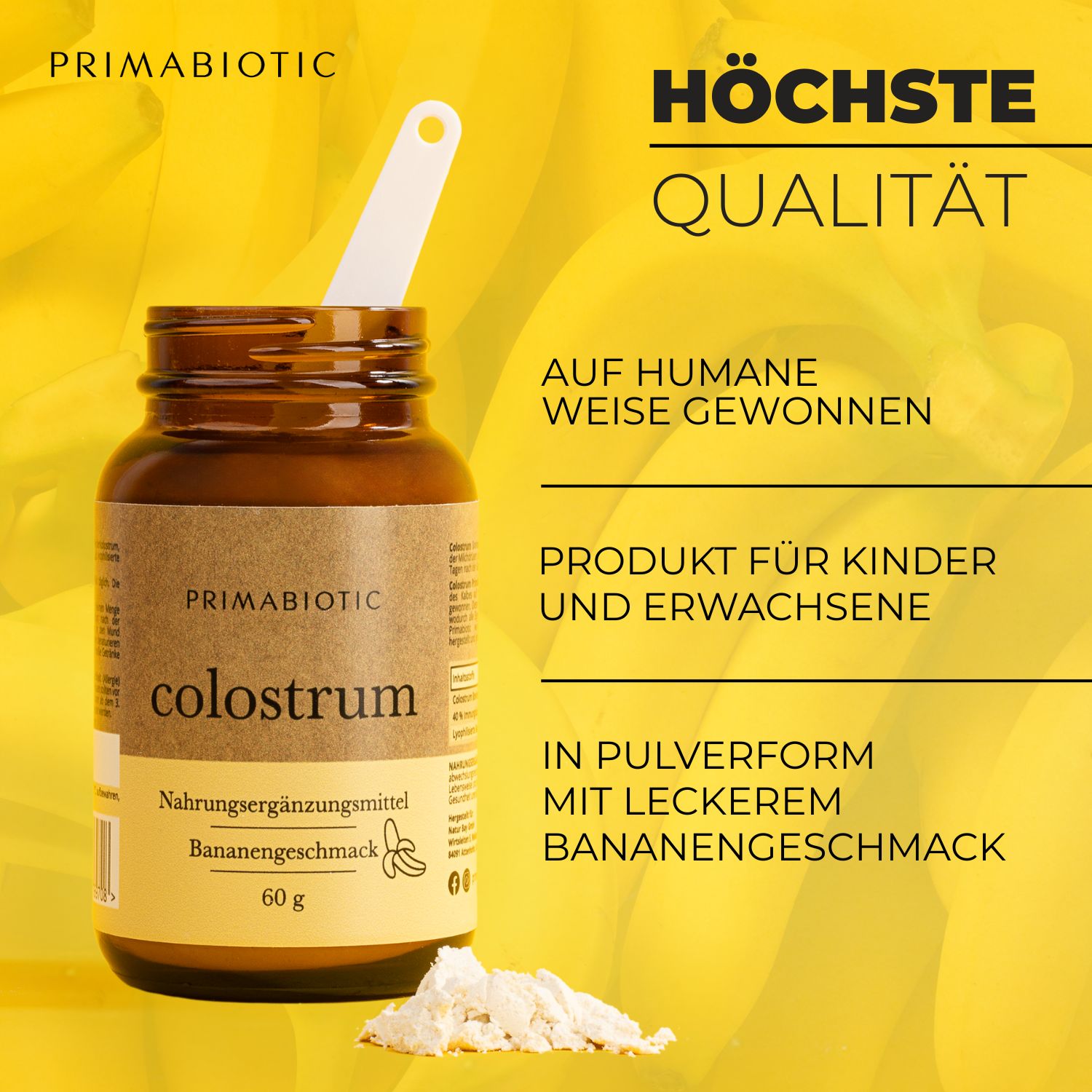 Braune Glasflasche mit weißem Messlöffel. Produktname, Bananengeschmack und 60g. Text: Höchste Qualität, für Kinder und Erwachsene.