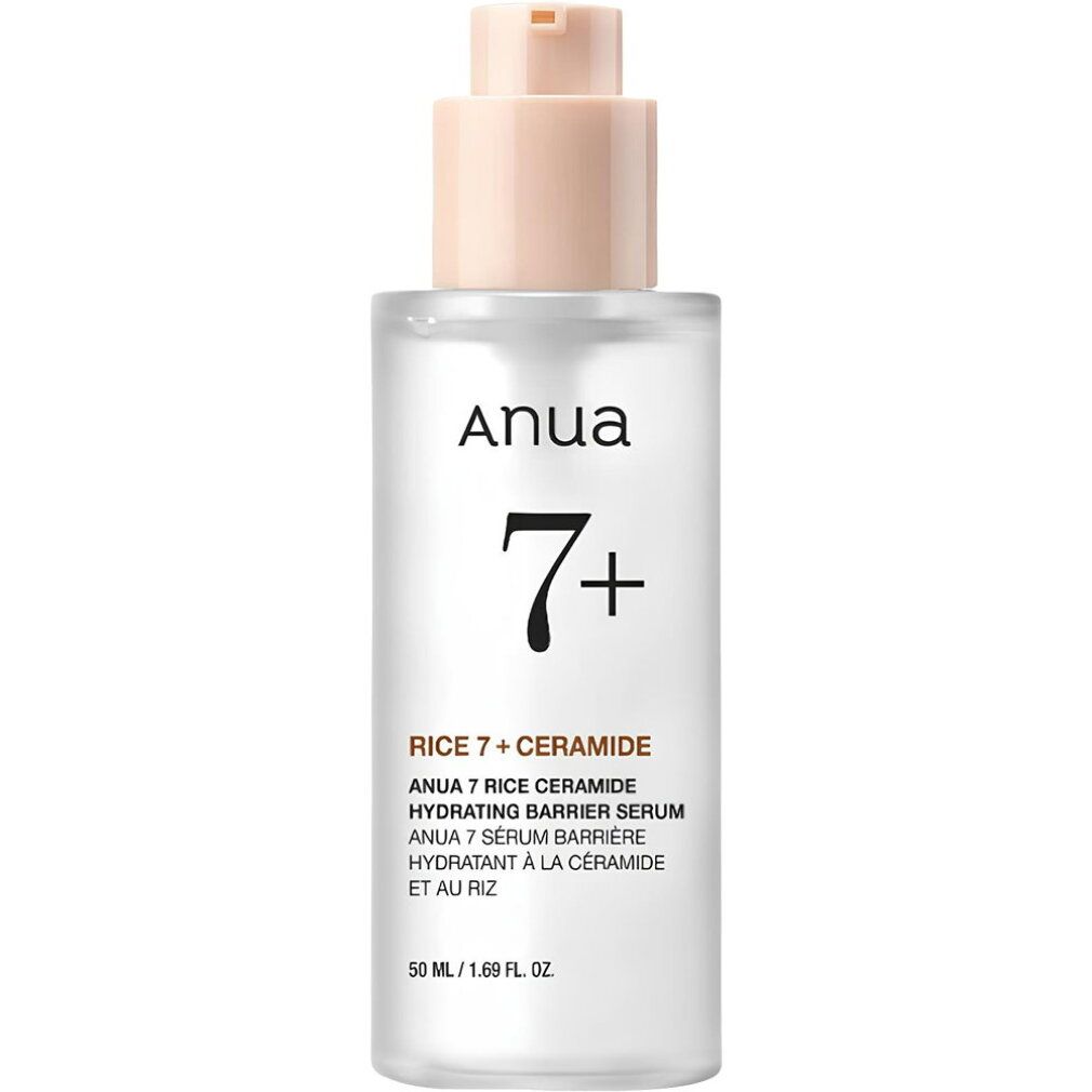 Anua 7 Rice Ceramide Hydrating Barrier Serum auf Kartonverpackung.
