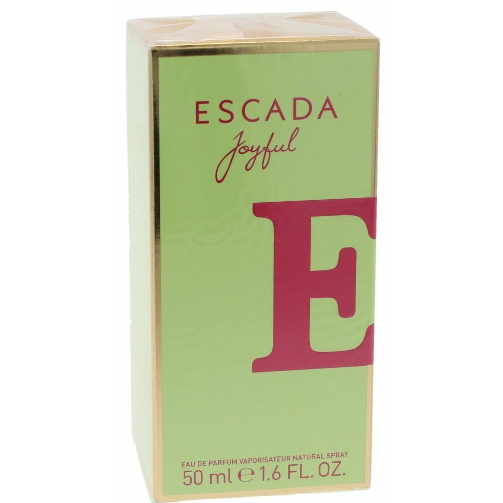 Escada Joyful Eau de Parfum Spray. Hellgrüne Schachtel mit pinkfarbenem Schriftzug und dem Buchstaben E.