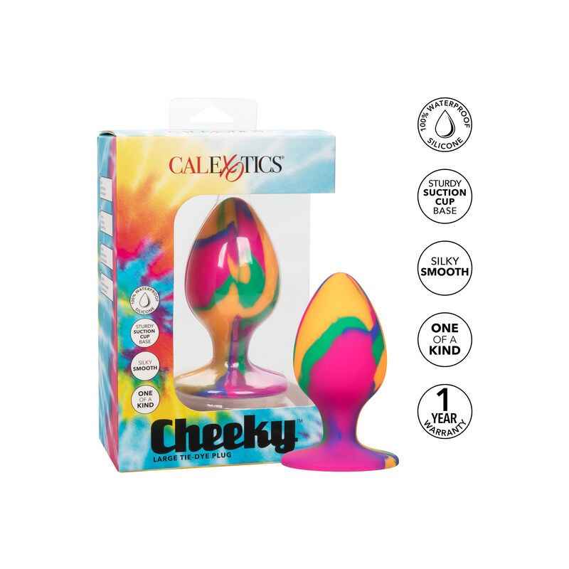 Analplug mit Saugnapf in Verpackung. Mehrfarbiges Design. Marke Calexotics. Text: Cheeky, Large Tie-Dye Plug.