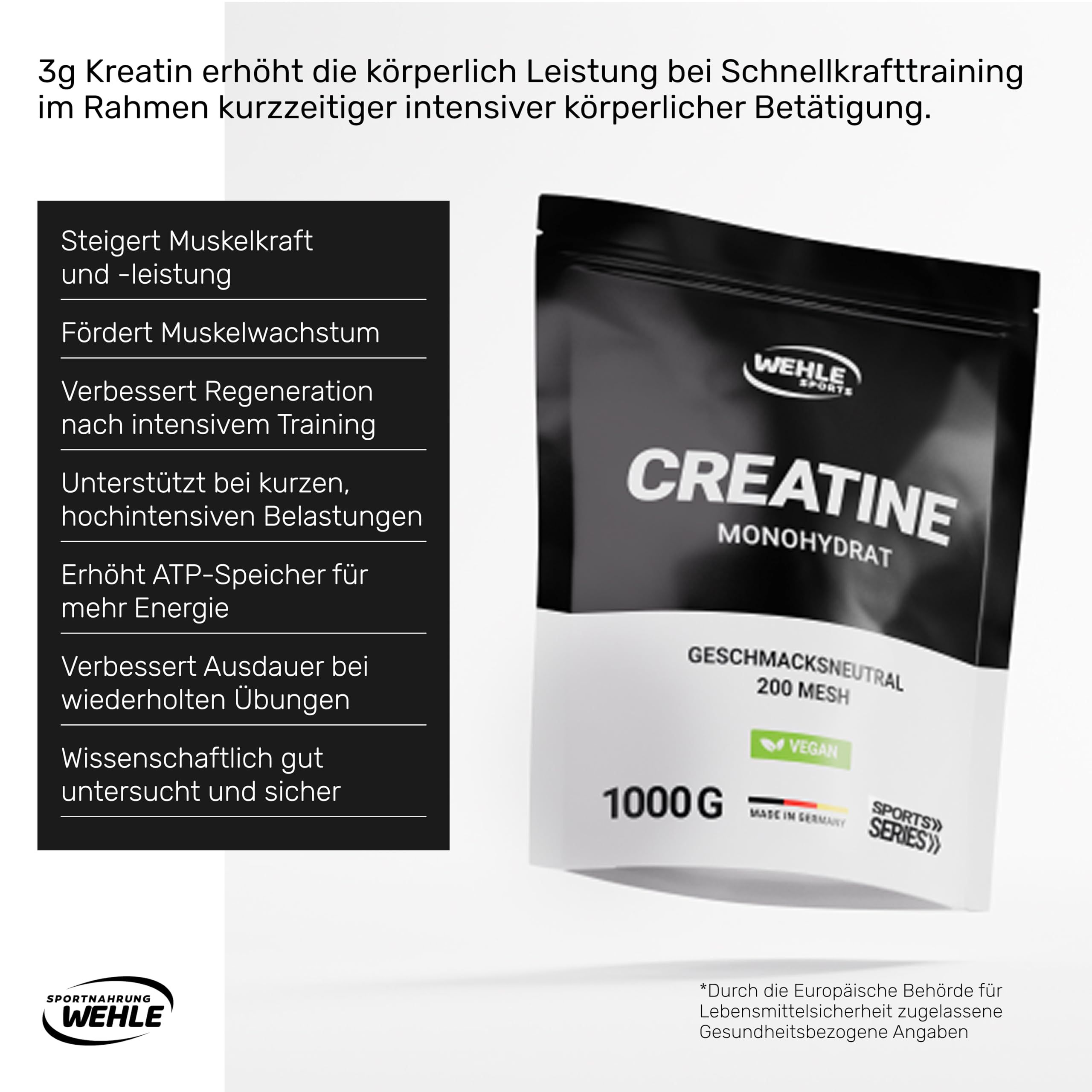 Schwarzer Beutel mit weißem Boden. Aufschrift: CREATINE MONOHYDRAT. Enthält 1000g. Vegan. Geschmacksneutral. Enthält Vitamin C.