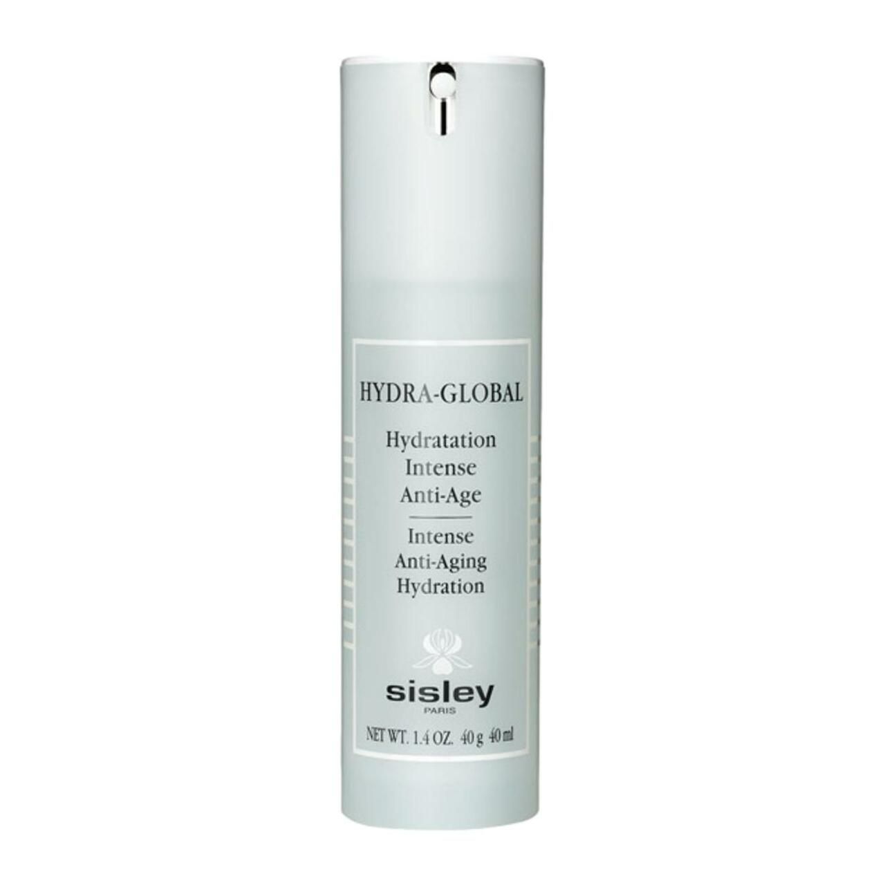 Sisley Hydra-Global. Weiße Flasche mit Pumpe. Text: Hydra-Global, Hydratation Intense Anti-Age, Intense Anti-Aging Hydration. Marke Sisley.