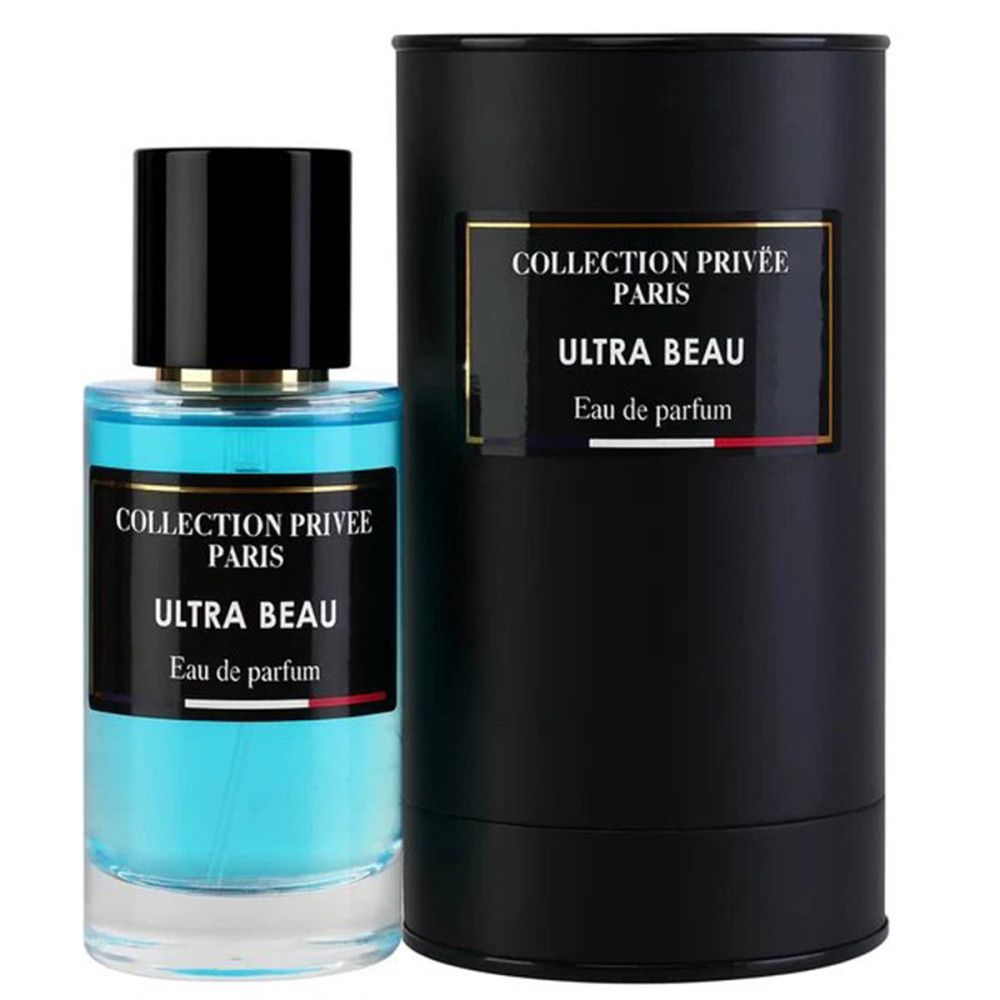 Blauer Glasflakon mit schwarzem Deckel und goldfarbenem Ring. Schwarze Verpackung mit Etikett: Ultra Beau Eau de parfum.