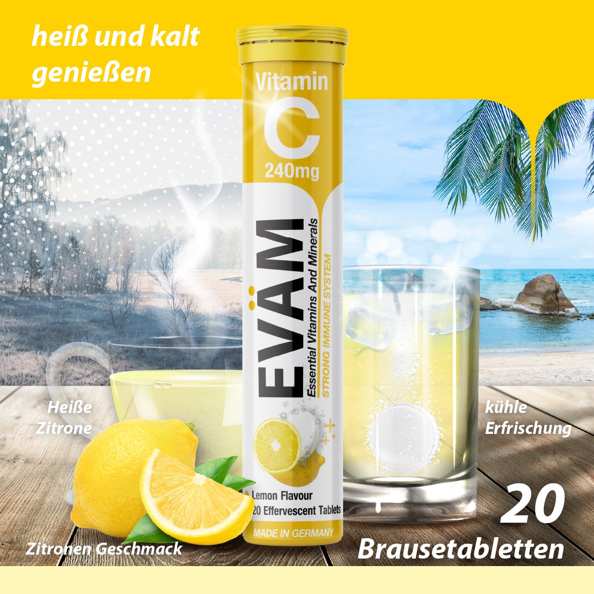 Gelbes Röhrchen EVÄM Vitamin C 240mg. Aufschrift: Essential Vitamins and Minerals, Lemon Flavour, 20 Brausetabletten. Heiß und kalt genießen. Zitrone und Glas.