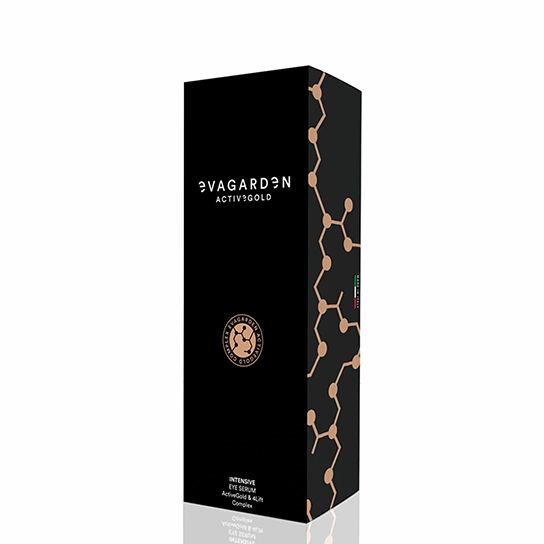 Schwarze Verpackung mit Produktnamen und Logo. Goldfarbene Akzente und Schrift. Aufschrift: Eva Garden Active Gold Intensive Eye Serum.