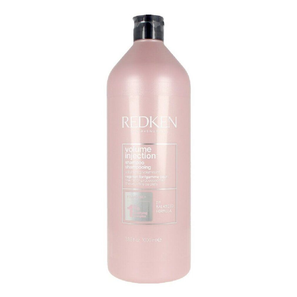 Rosa Shampoo-Flasche mit schwarzem Deckel. Aufschrift: REDKEN, Volume Injection Shampoo. 1000 ml.