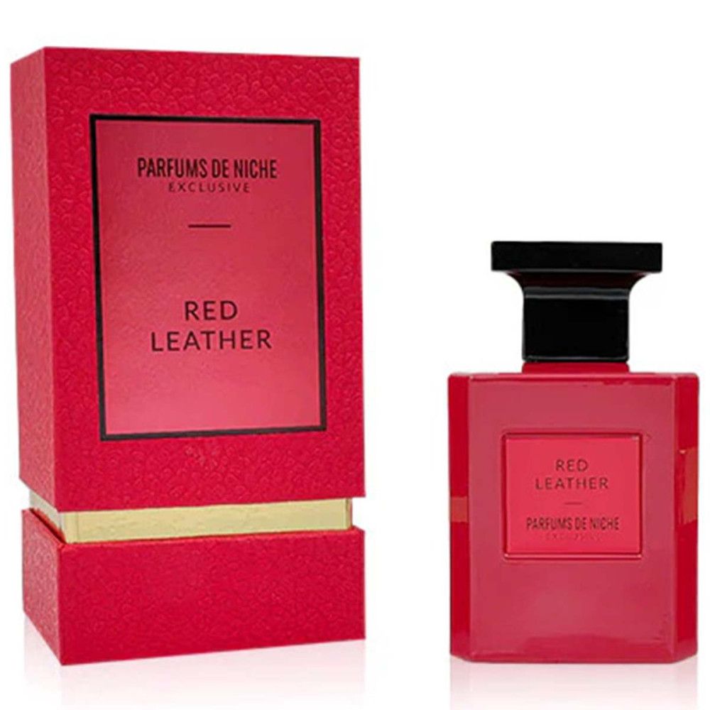 Rote Parfümflasche und Verpackung mit der Aufschrift "Red Leather" und "Parfums de Niche".