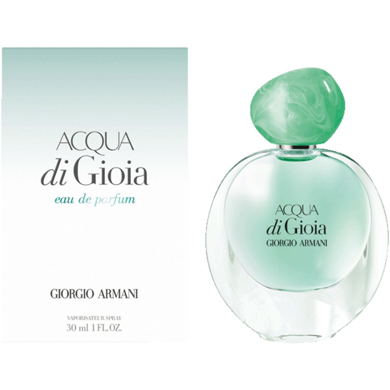 Flakon und Verpackung. Flakon rund, grün. Verpackung weiß mit Schriftzug: Acqua di Gioia, Giorgio Armani.