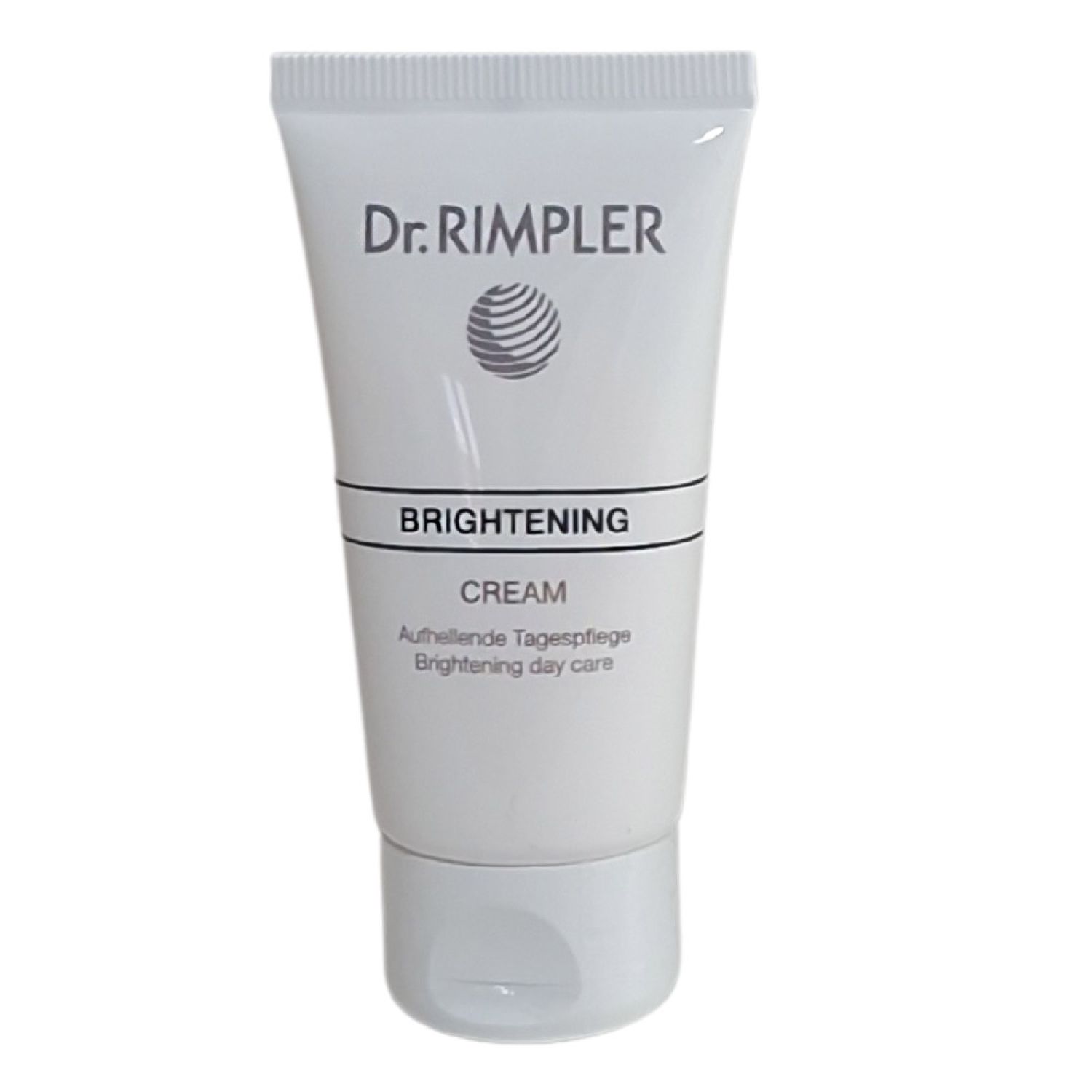 Weiße Tube mit Schraubverschluss. Aufschrift: Dr. Rimpler, Brightening, Cream. Zusätzlicher Text: Aufhellende Tagespflege, Brightening day care.