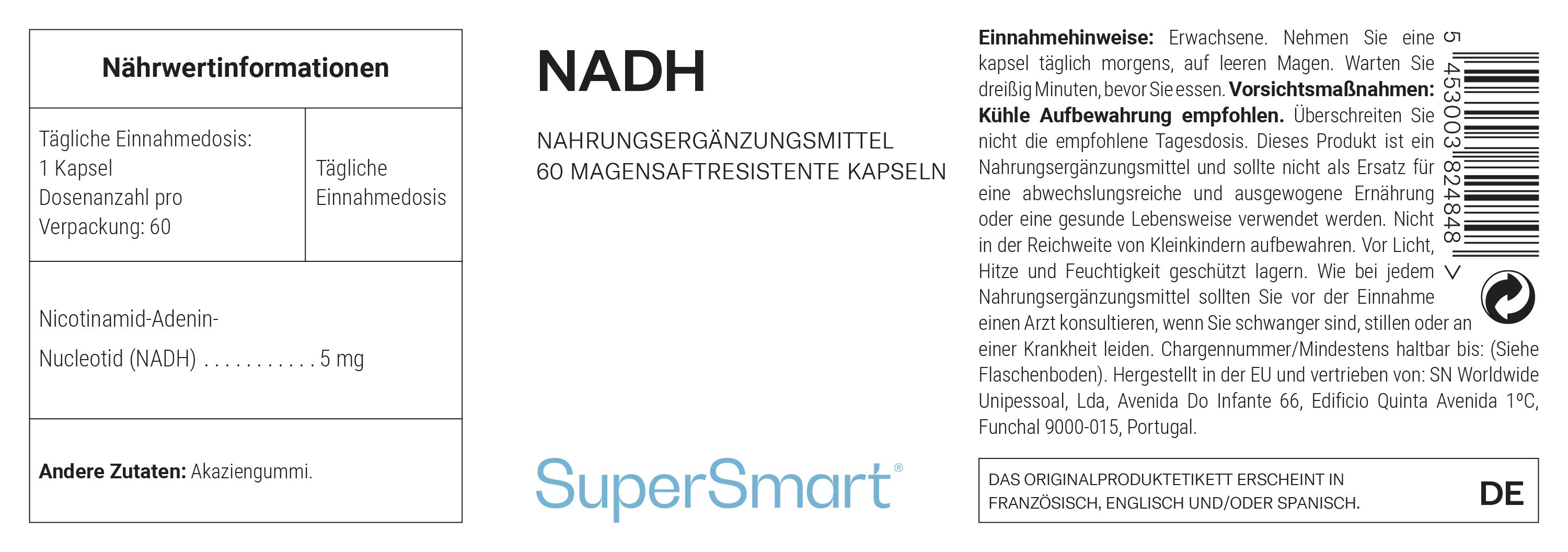 Etikett mit Produktinformationen. Enthält Angaben zu Inhaltsstoffen, Dosierung und Hersteller. Marke: SuperSmart. Text in Deutsch.
