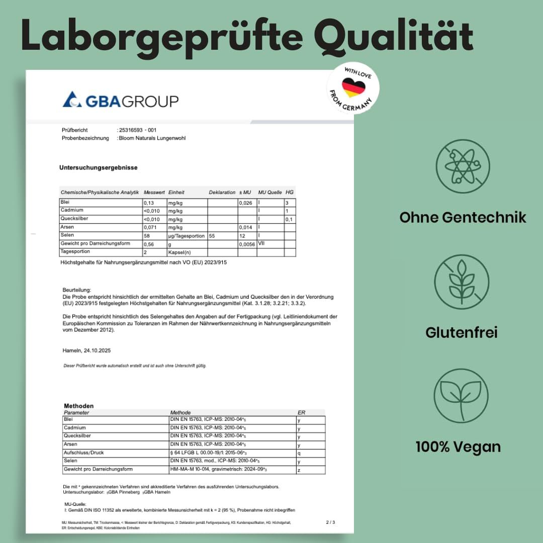 Laborgeprüftes Qualitätszertifikat. Text: Ohne Gentechnik, Glutenfrei, 100% Vegan. Mit Liebe aus Deutschland.