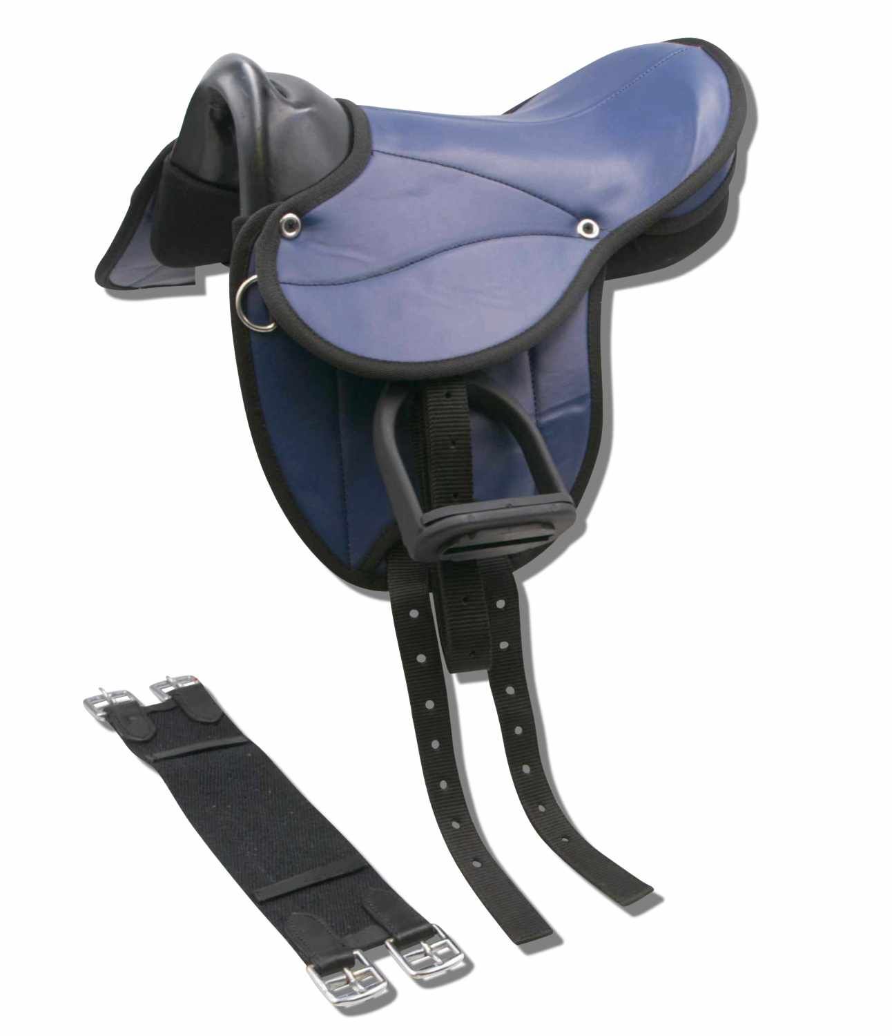 Blauer Pony-Shettysattel LittleBilly Set mit schwarzem Rand. Enthält Steigbügelriemen und Gurt.