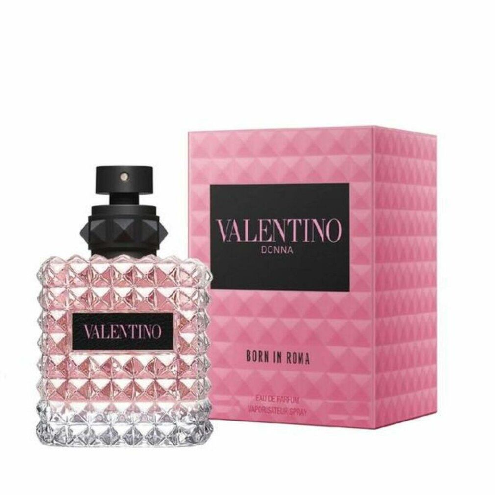 Valentino Born In Roma Eau de Parfum. Rosa Schachtel und Flakon. Schwarzer Verschluss. Text: Valentino, Born in Roma, Donna.