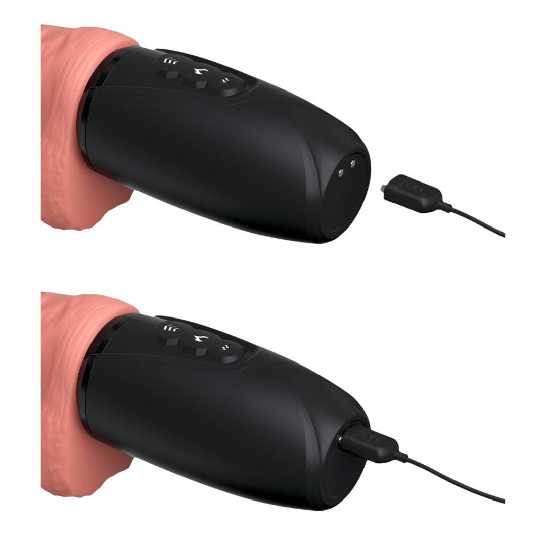 Schwarzer Vibrator mit Ladeanschluss und abnehmbarem Ladekabel.