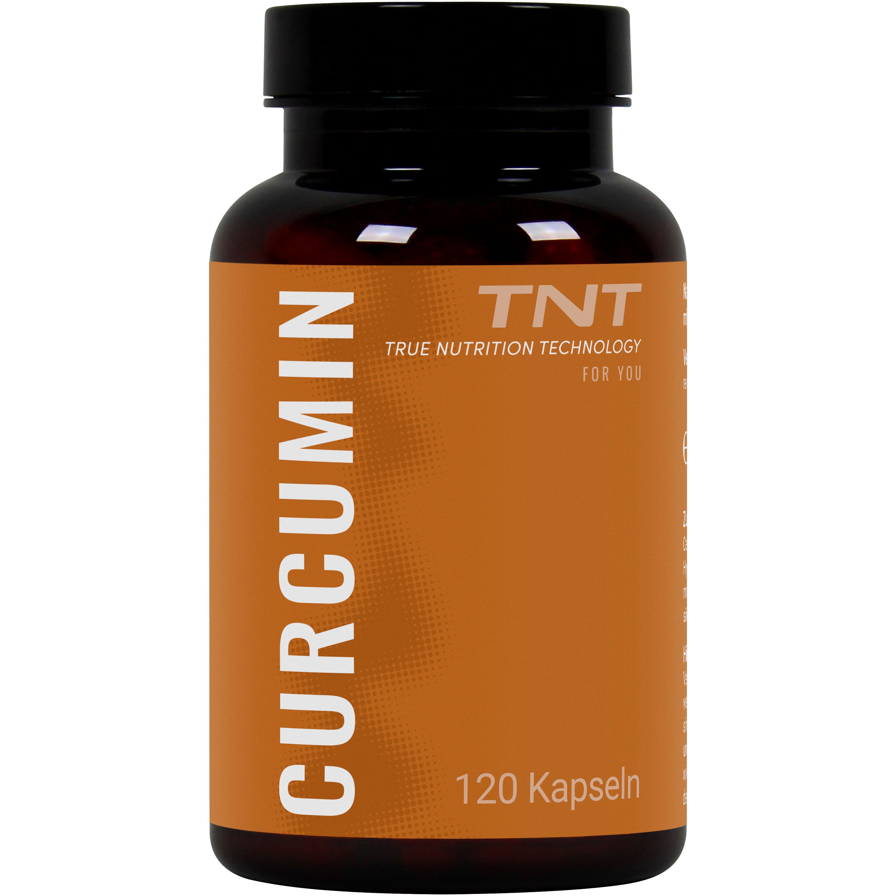 Braune Kapsel-Dose mit weißem CURCUMIN-Schriftzug. TNT-Logo und Schriftzug. 120 Kapseln.