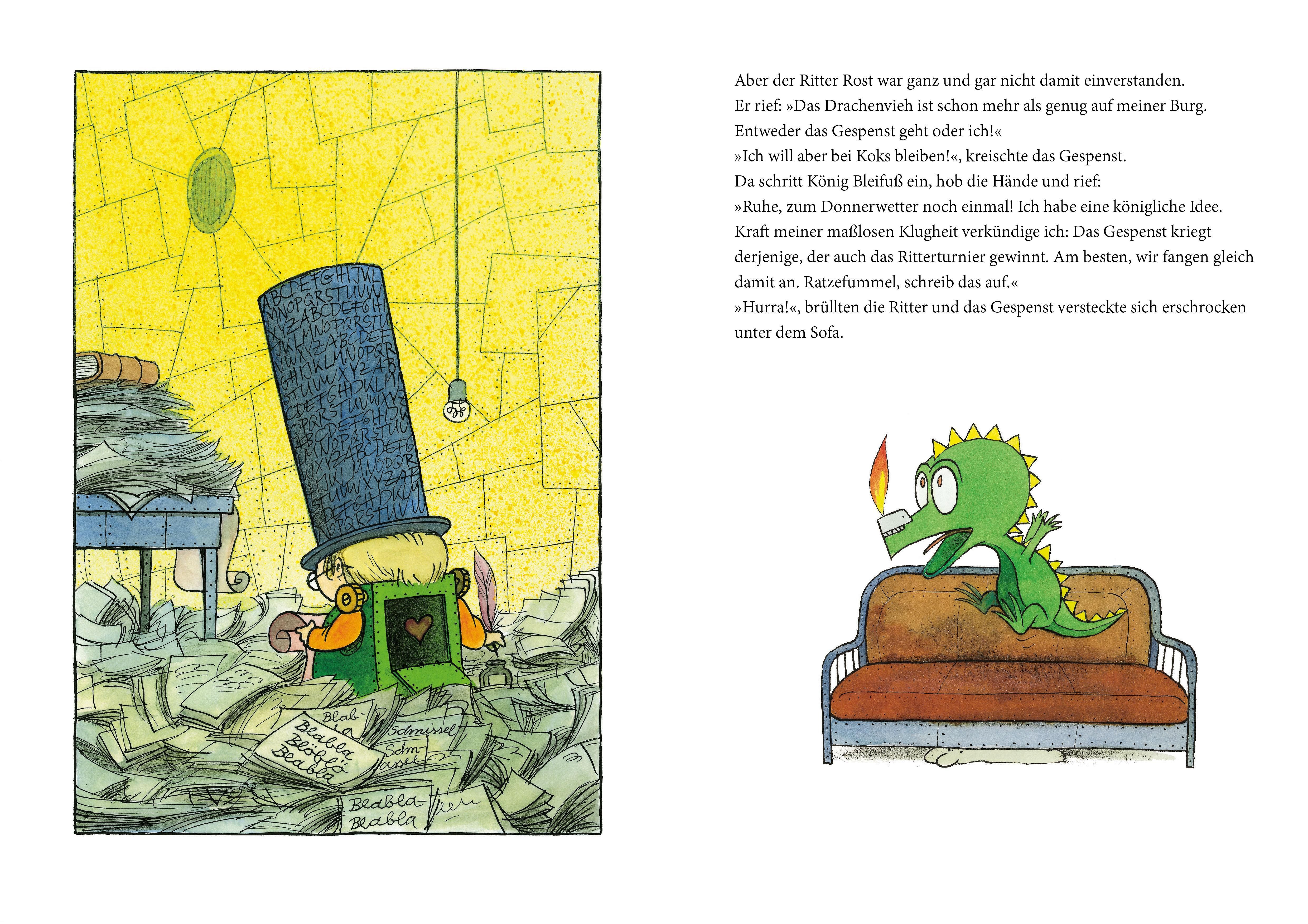 Doppelseite aus einem Buch. Illustrationen mit Figuren, Sofa und Papier. Text in deutscher Sprache.