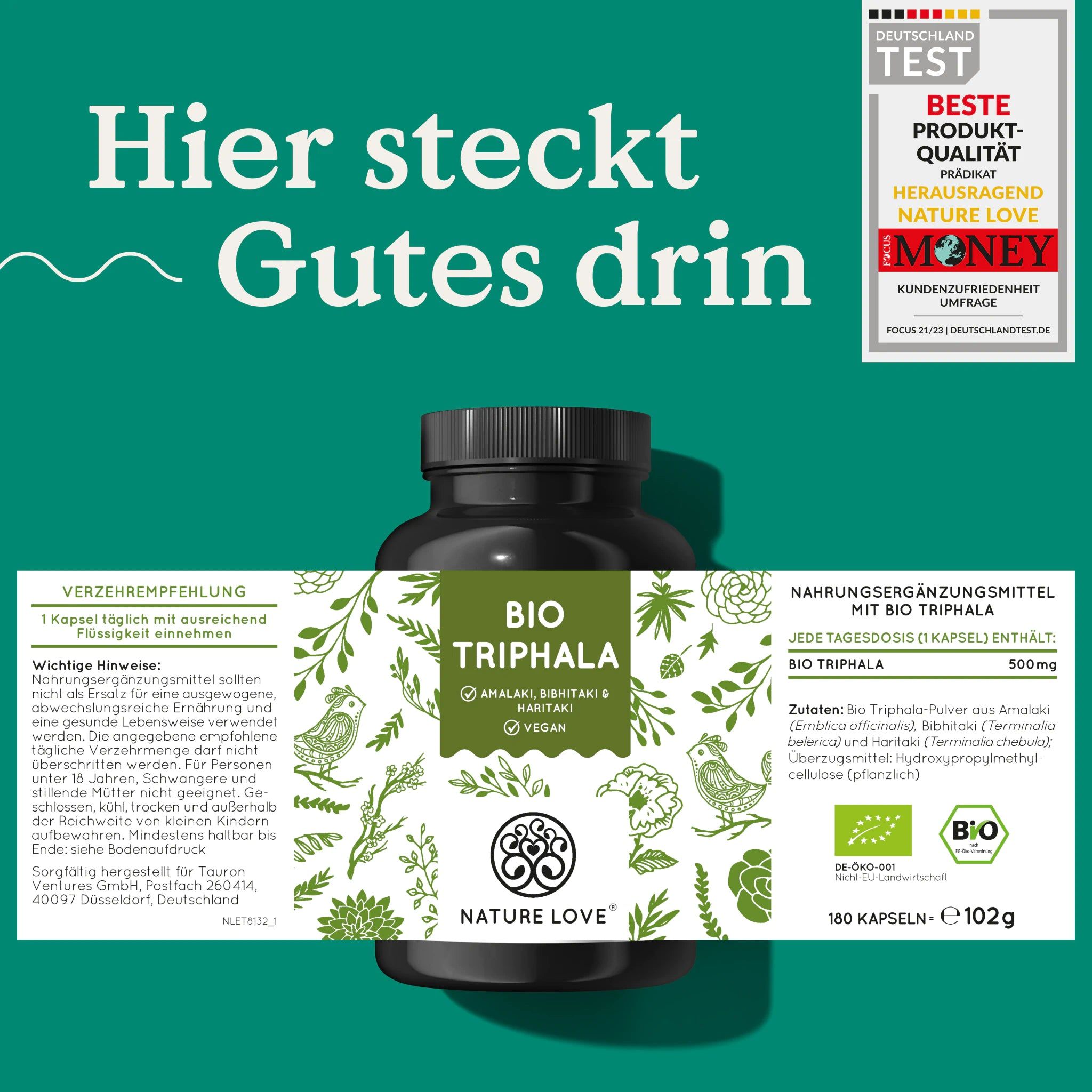Dunkle Flasche mit Etikett. "Bio Triphala" und "NATURE LOVE" Schriftzug. Auszeichnung "Beste Produkt-Qualität".