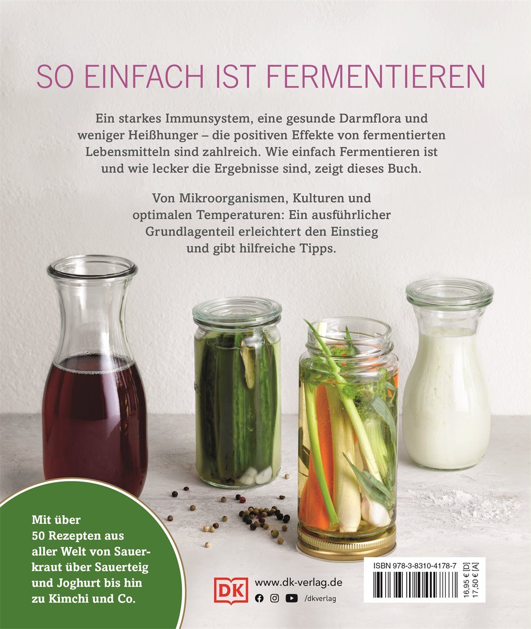 Buchrückseite mit Gläsern mit fermentierten Lebensmitteln. Text: So einfach ist fermentieren. Logo: DK.