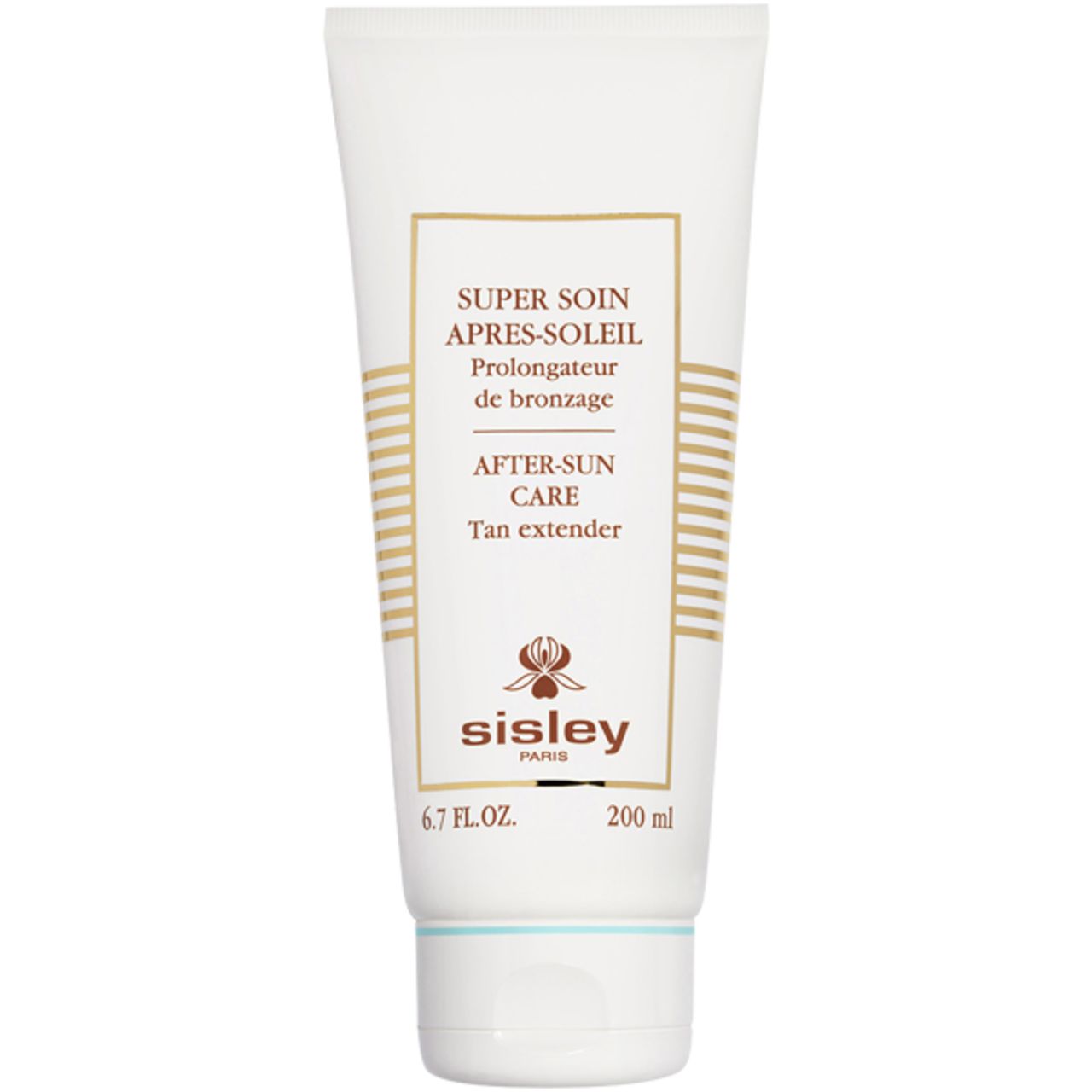Weiße Tube mit goldfarbenem Rahmen. Text: SUPER SOIN APRÈS-SOLEIL, AFTER-SUN CARE, Sisley Paris. 6.7 FL.OZ. 200 ml.