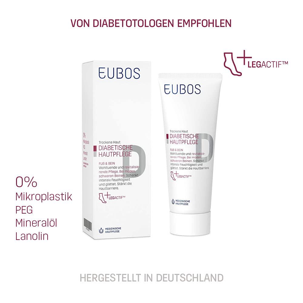 Eubos DIABETISCHE HAUT PFLEGE Fuß & Bein. Tube und Verpackung. Text: Von Diabetotologen empfohlen. Legactif.
