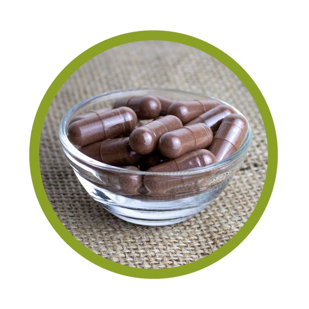 Braune Kapseln in einer Glasschale. Runde Form, gefüllt. Auf grobem Untergrund platziert. Grüner Kreis.