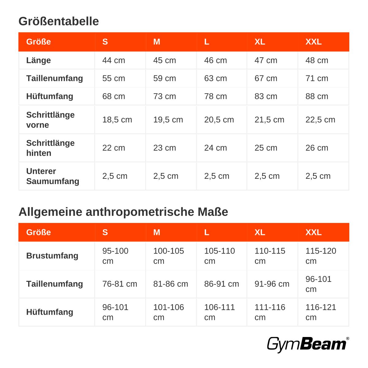 Größentabelle mit Maßen für Länge, Taillen-, Hüft-, Schrittlänge und Saumumfang für Größen S bis XXL. Enthält auch allgemeine anthropometrische Maße.